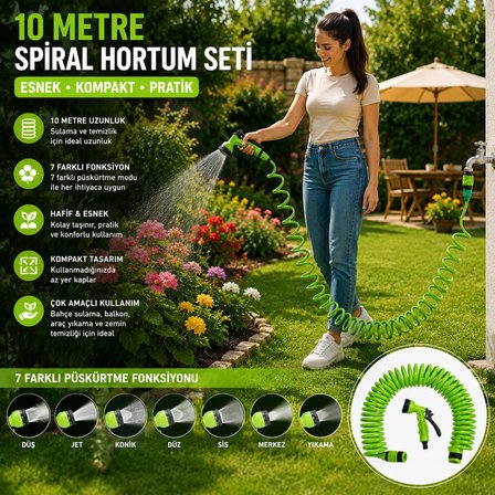 10 Metre Spiral Bahçe Hortumu Seti 7 Fonksiyonlu Püskürtme Tabancalı Sulama ve Temizlik Seti Yeşil