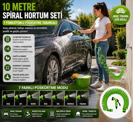 10 Metre Spiral Bahçe Hortumu Seti 7 Fonksiyonlu Püskürtme Tabancalı Sulama ve Temizlik Seti Yeşil