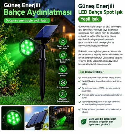 Güneş Enerjili Dekoratif Yeşil LED Bahçe ve Çim Spot Lambası - Peyzaj & Yol Aydınlatma