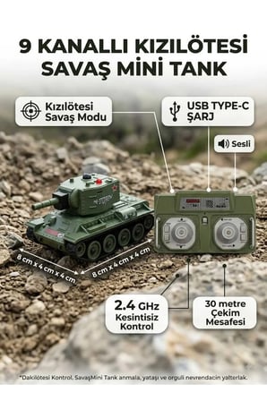 1:64 Ölçek 2.4 Ghz 9 Kanal Kızıl Ötesi Savaş Özellikli Uzaktan Kumandalı Typ-C Şarjlı Mini Tank