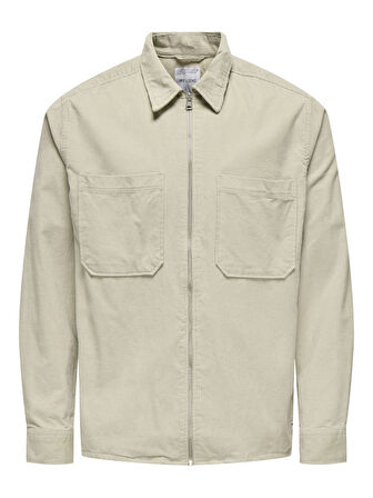Only & Sons Erkek Relaxed Fit Fermuarlı Bej Kadife Ceket - 22029769