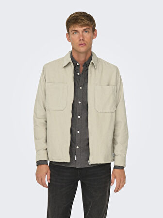 Only & Sons Erkek Relaxed Fit Fermuarlı Bej Kadife Ceket - 22029769