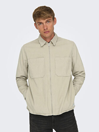 Only & Sons Erkek Relaxed Fit Fermuarlı Bej Kadife Ceket - 22029769