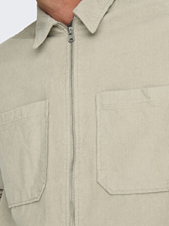 Only & Sons Erkek Relaxed Fit Fermuarlı Bej Kadife Ceket - 22029769