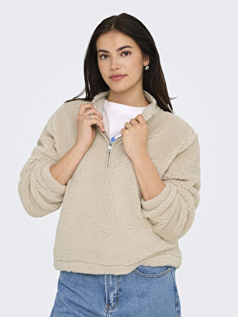 Only Kadın Yarım Fermuarlı Peluş Bej Sweatshirt - 15311631