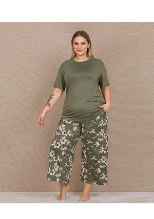 Haki Çiçekli Kapri Büyük Beden Pijama Takımı