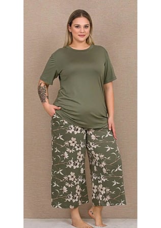 Haki Çiçekli Kapri Büyük Beden Pijama Takımı