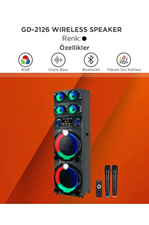 Profesyonel RGB Işıklı Mikrofonlu Kumandalı Büyük Boy Bluetooth Hoparlör Party Speaker GD-2126