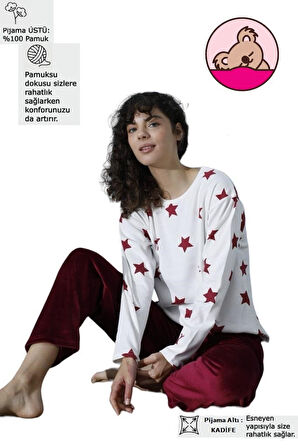 Kadın Bisiklet Yaka Düşük Omuz İnterlok Pamuklu Üst Kadife Alt Kışlık Pijama Eşofman Takım