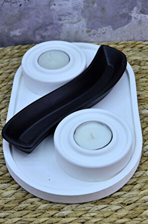 Taş Tozu Dekoratif Tealight Mumluk Seti – 2’li Mumluk, Takı & Sunum Kutusu ve Oval Tabak Yingyang Takı Kutusu