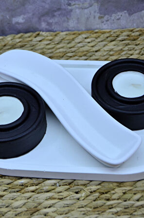 Taş Tozu Dekoratif Tealight Mumluk Seti – 2’li Mumluk, Takı & Sunum Kutusu ve Oval Tabak Yingyang Takı Kutusu