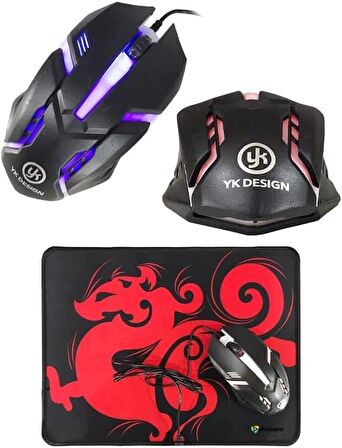 Işıklı Oyuncu Mouse + Mouse Pad Set, Yüksek Kalite, RGB Işıklı Gaming Mouse ve 30x24cm Desenli Oyuncu MousePad