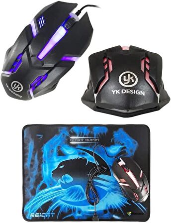 Işıklı Oyuncu Mouse + Mouse Pad Set, Yüksek Kalite, RGB Işıklı Gaming Mouse ve 30x24cm Desenli Oyuncu MousePad