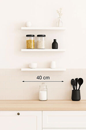 40 cm 3lü Mat Beyaz Mdf Uçan Duvar Rafı Gizli Bağlantı Kitaplık Ahşap