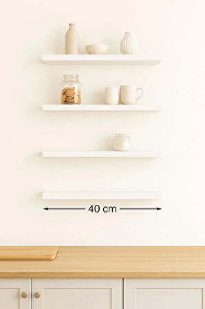 40 cm 4lü Mat Beyaz Mdf Uçan Duvar Rafı Gizli Bağlantı Kitaplık Ahşap