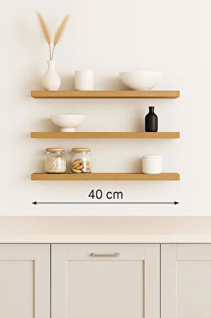 40 cm 3lü Safir Meşe Mdf Uçan Duvar Rafı Gizli Bağlantı Kitaplık Ahşap