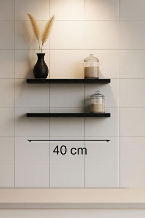 40 cm 2li Mat Siyah Mdf Uçan Duvar Rafı Gizli Bağlantı Kitaplik Ahşap