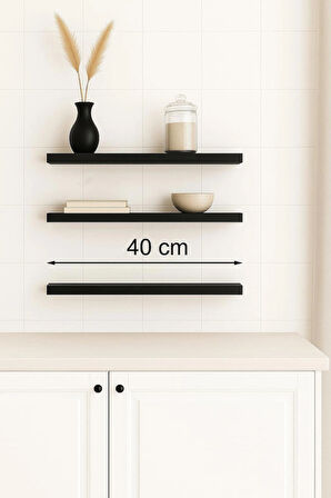 40 cm 3lü Mat Siyah Mdf Uçan Duvar Rafı Gizli Bağlantı Kitaplık Ahşap