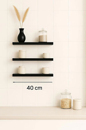 40 cm 3lü Mat Siyah Mdf Uçan Duvar Rafı Gizli Bağlantı Kitaplık Ahşap