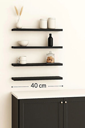 40 cm 4lü Mat Siyah Mdf Uçan Duvar Rafı Gizli Bağlantı Kitaplık Ahşap
