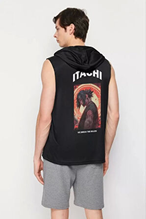 Unisex Kapşonlu Kolsuz Baskılı Oversize T-shirt - Siyah