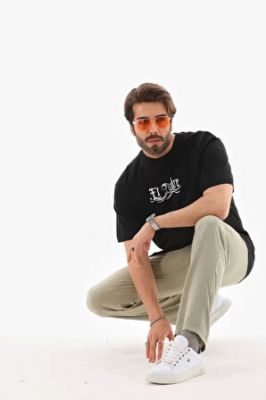 Unisex Bisiklet Yaka Baskılı Oversize T-Shirt - Siyah