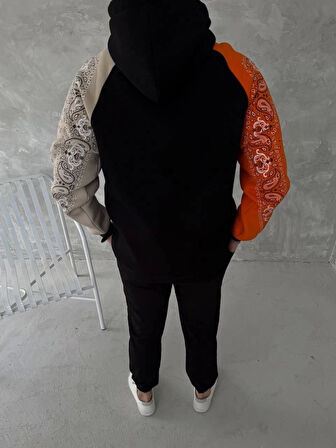 Üç İplik Penye Kapşonlu Parçalı SweatShirt - Siyah