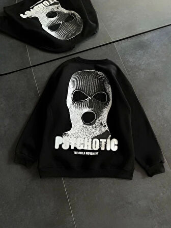 Kışlık Bisiklet Yaka Baskılı SweatShirt - Siyah