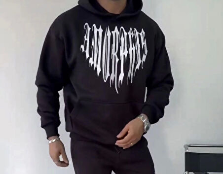 Uzun Kol Kapşonlu Baskılı SweatShirt - Siyah