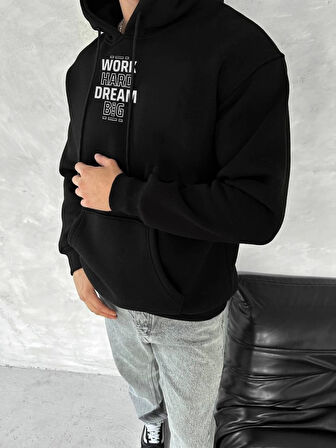 Kışlık Üç İplik Kapşonlu SweatShirt - Siyah