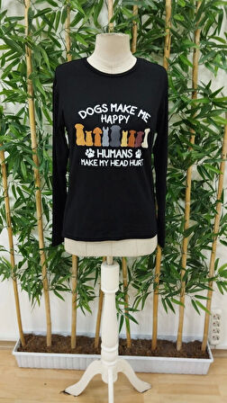 Kadın Uzun Kollu Bisiklet Yaka Köpek Resimli Viskon Bluz