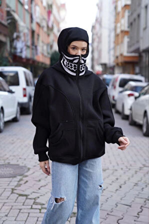 Samuray Kapşonlu ZIP Fermuarlı Çift Kapşonlu Nakışlı SweatShirt- Siyah
