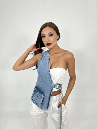 6838 ASYMMETRIC DENIM VEST-MAVİ