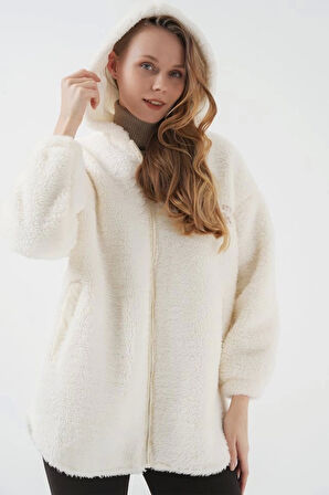 9102 Oversize Kapüşonlu Beyaz Peluş Kaban