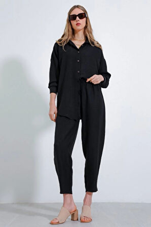 Siyah Oversize Keten Alt Üst Takım 6622