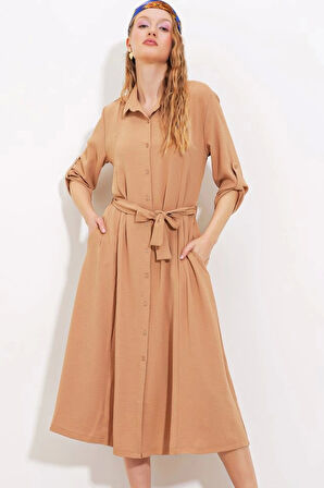 Camel Kuşaklı Gömlek Elbise 2442