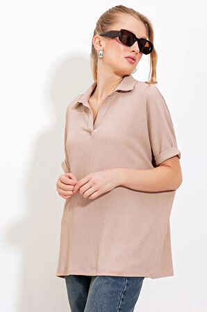 Bisküvi Oversize Polo Yaka Örme Bluz 0486