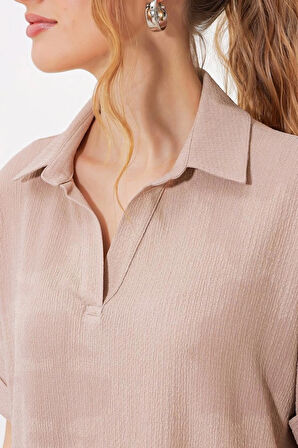 Bisküvi Oversize Polo Yaka Örme Bluz 0486