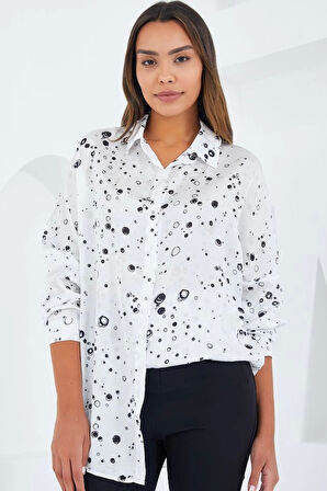 Siyah Beyaz Desenli Oversize Saten Gömlek 3985