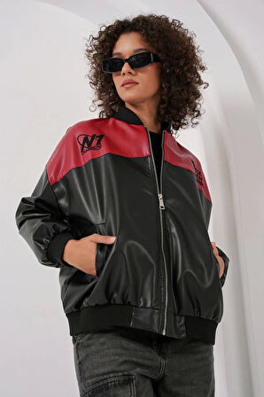 0698 Baskılı Suni Deri Bomber Ceket - Bordo