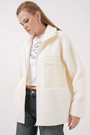 55446 Fermuarlı Oversize Peluş Mont - Bej