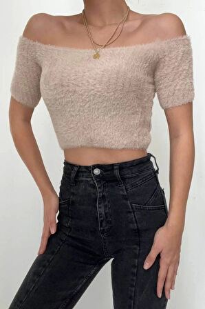 Omuzu Açık Kısa Crop - Bej