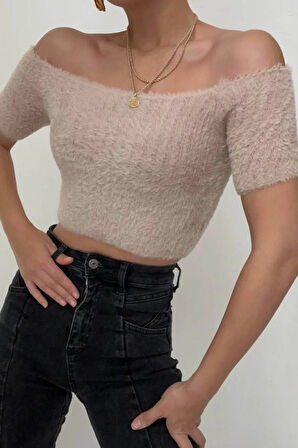 Omuzu Açık Kısa Crop - Bej