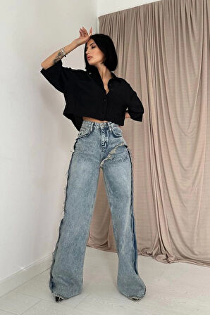 Kar Yıkama Yan Yırtmaçlı Jeans Pantolon