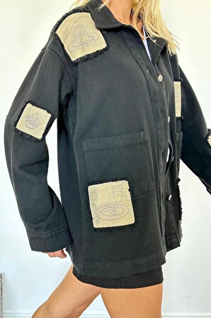 Siyah Gabardin Arma Detaylı Gömlek Ceket