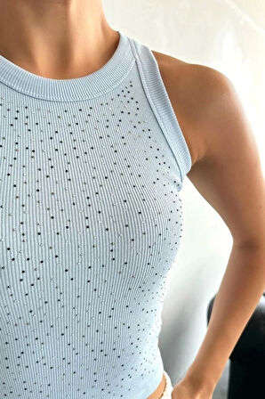 Halter Yaka Taşlı Atlet - Bebe Mavisi