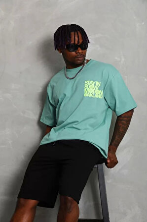 Unisex Oversize Baskılı Bisiklet Yaka T-Shirt - Mint Yeşili