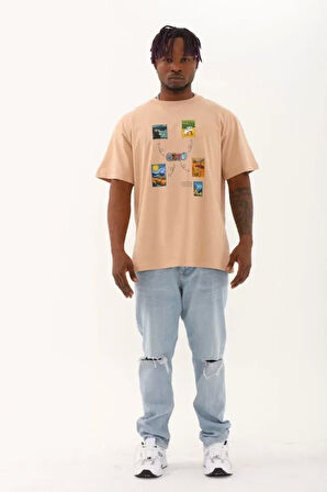 Unisex Oversize Baskılı Bisiklet Yaka T-Shirt - Bej