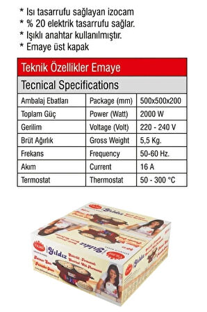 YILDIZ 2000w Elektrikli Lüks Termostatlı 50 Cm Ekmek,gözleme,börek Ve Katmer Sacı.