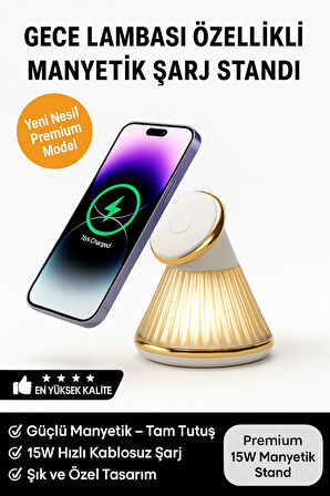 Premium 15W Manyetik Hızlı Wireless Kablosuz Şarj Standı Gece Lambalı Apple iPhone Android Uyumlu